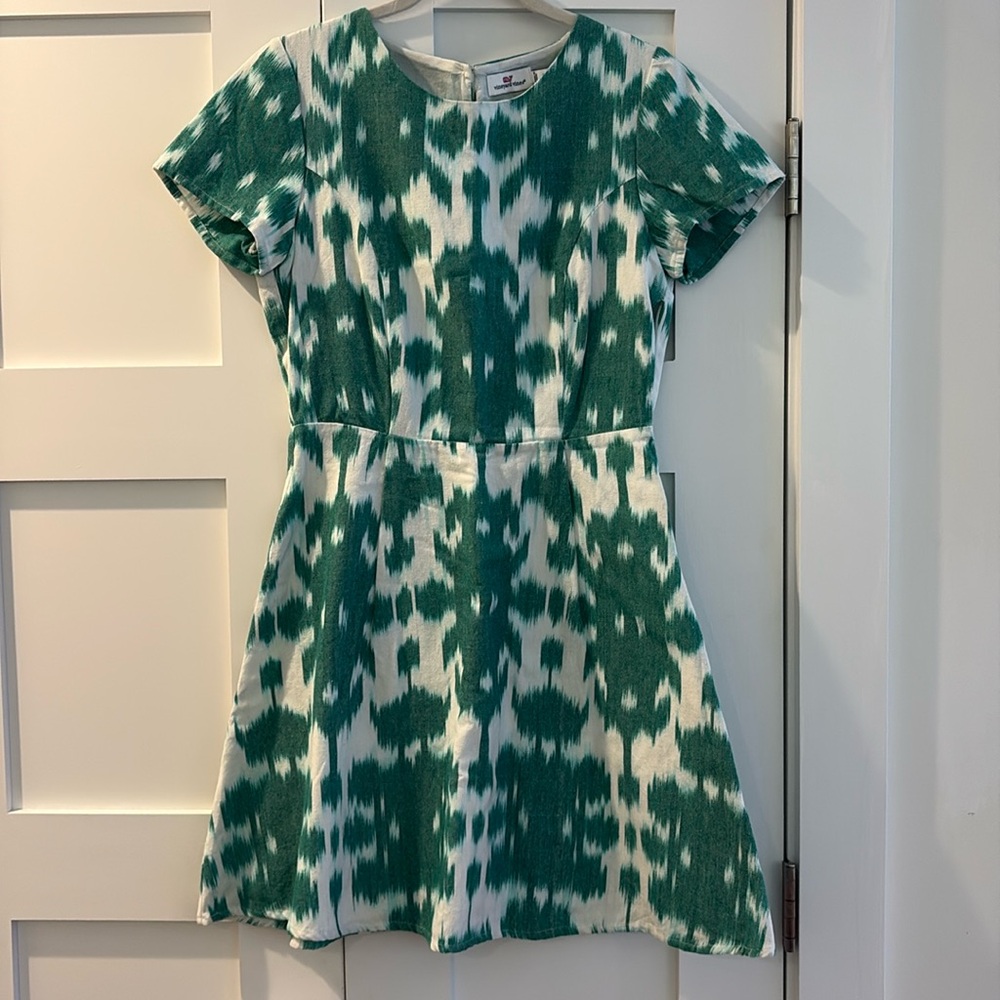 Vineyard Vines Green Ikat Design Fit Flare Short Sleeve Dress Easter Size 4